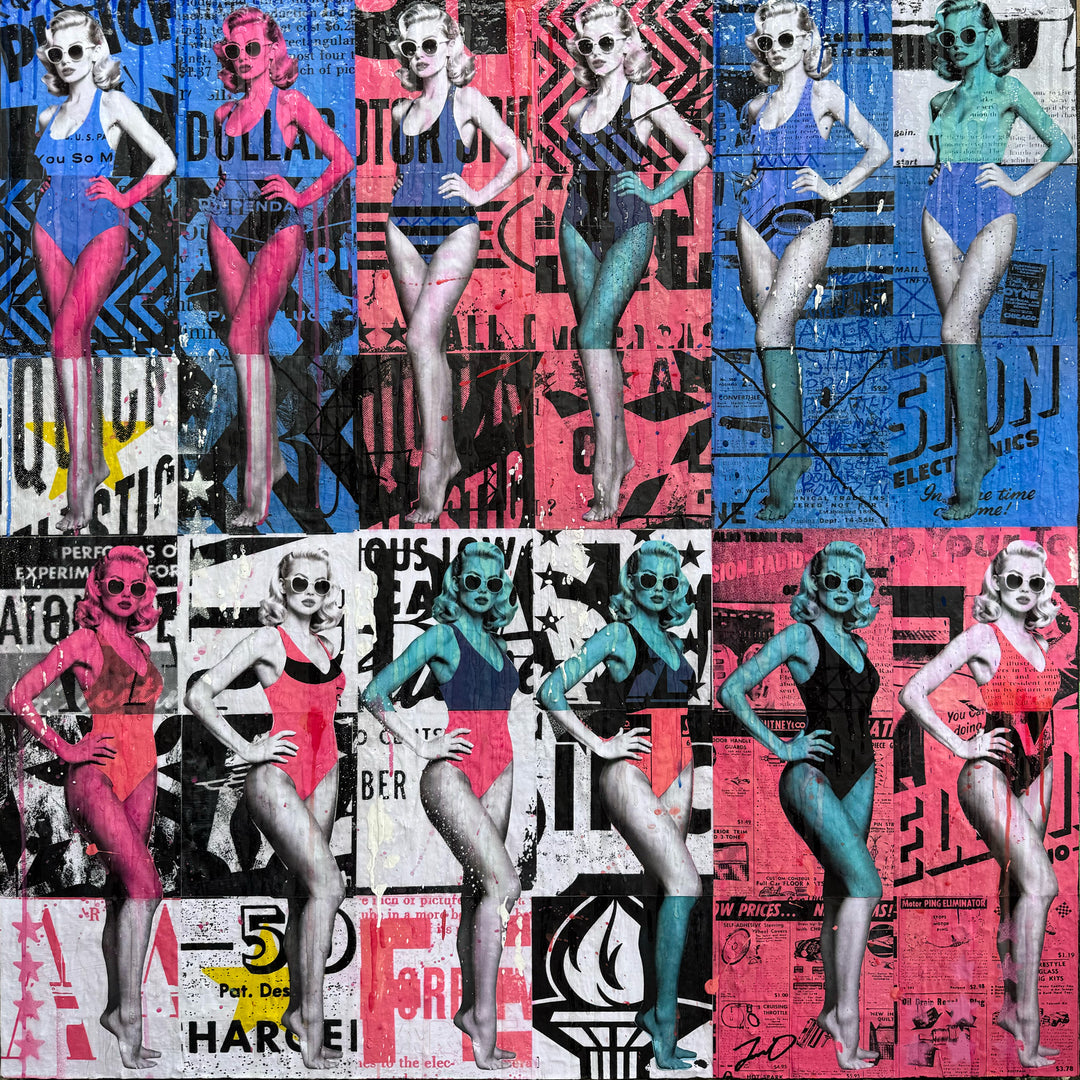 Picture Perfect by Jon Davenport — Neo-Pop mixed media collage on panel, 36x36 inches, featuring bold vintage swimwear figures in a colorful grid composition with pop art typography