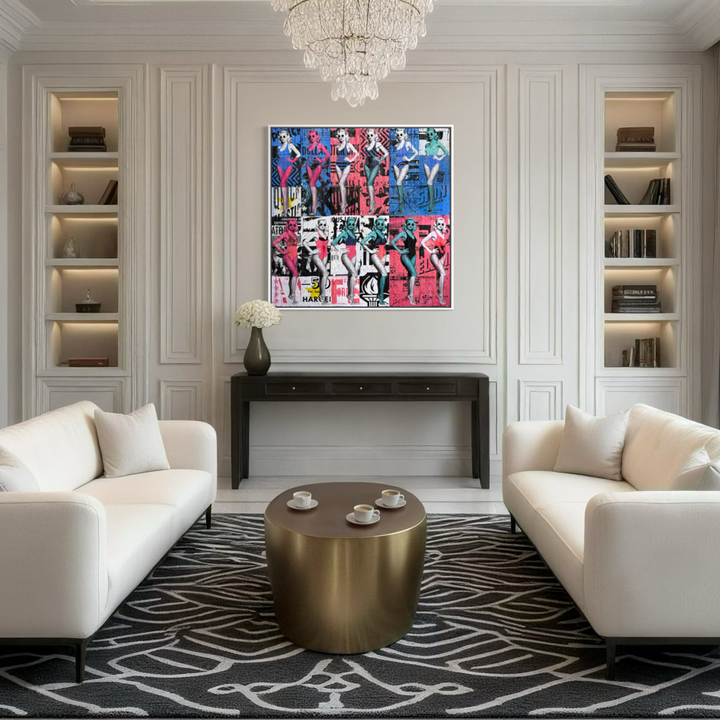 Picture Perfect by Jon Davenport — in-situ installation view of Neo-Pop mixed media painting displayed above a console table in an elegant living room