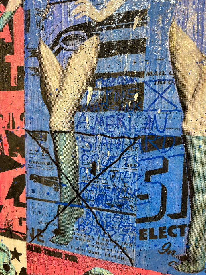 Picture Perfect by Jon Davenport — angled detail shot of Neo-Pop mixed media painting showing collaged legs, vintage typography and political poster imagery in blue and red