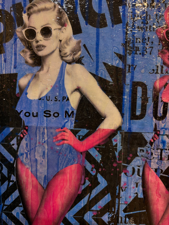 Picture Perfect by Jon Davenport — angled detail of Neo-Pop mixed media painting showing a vintage pin-up figure in blue swimwear and sunglasses over layered typographic collage