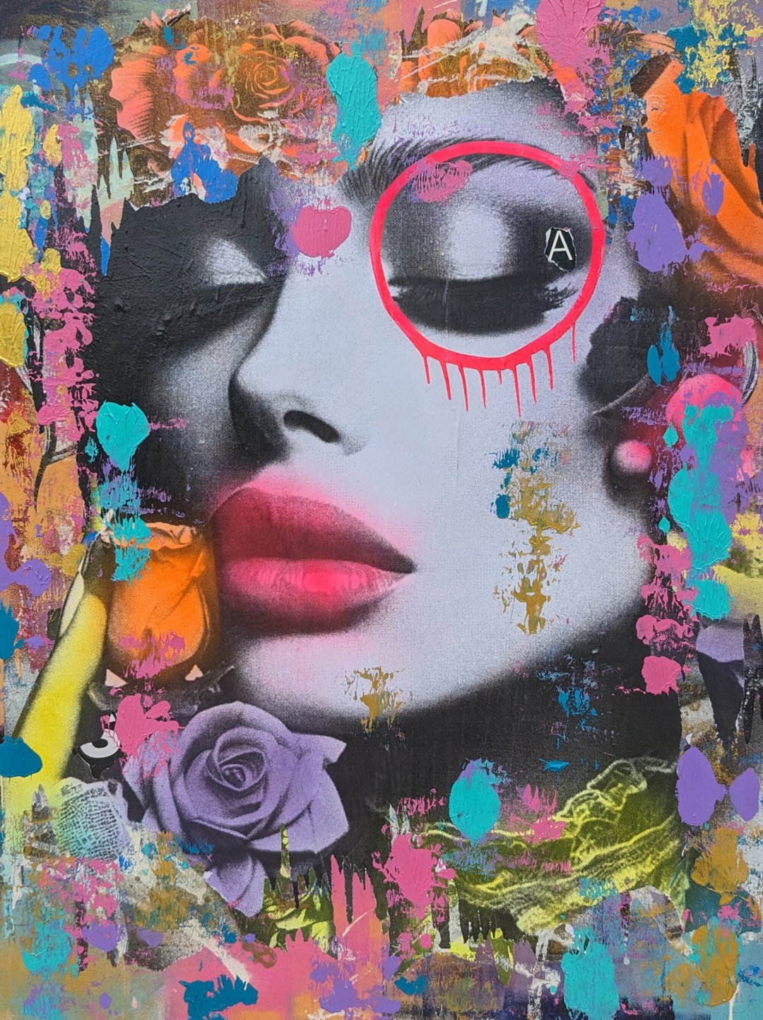 36"W x 48"H Acrylic paint, spray paint, wheat-paste, vintage advertisements, printed fragments on canvas. A woman&
