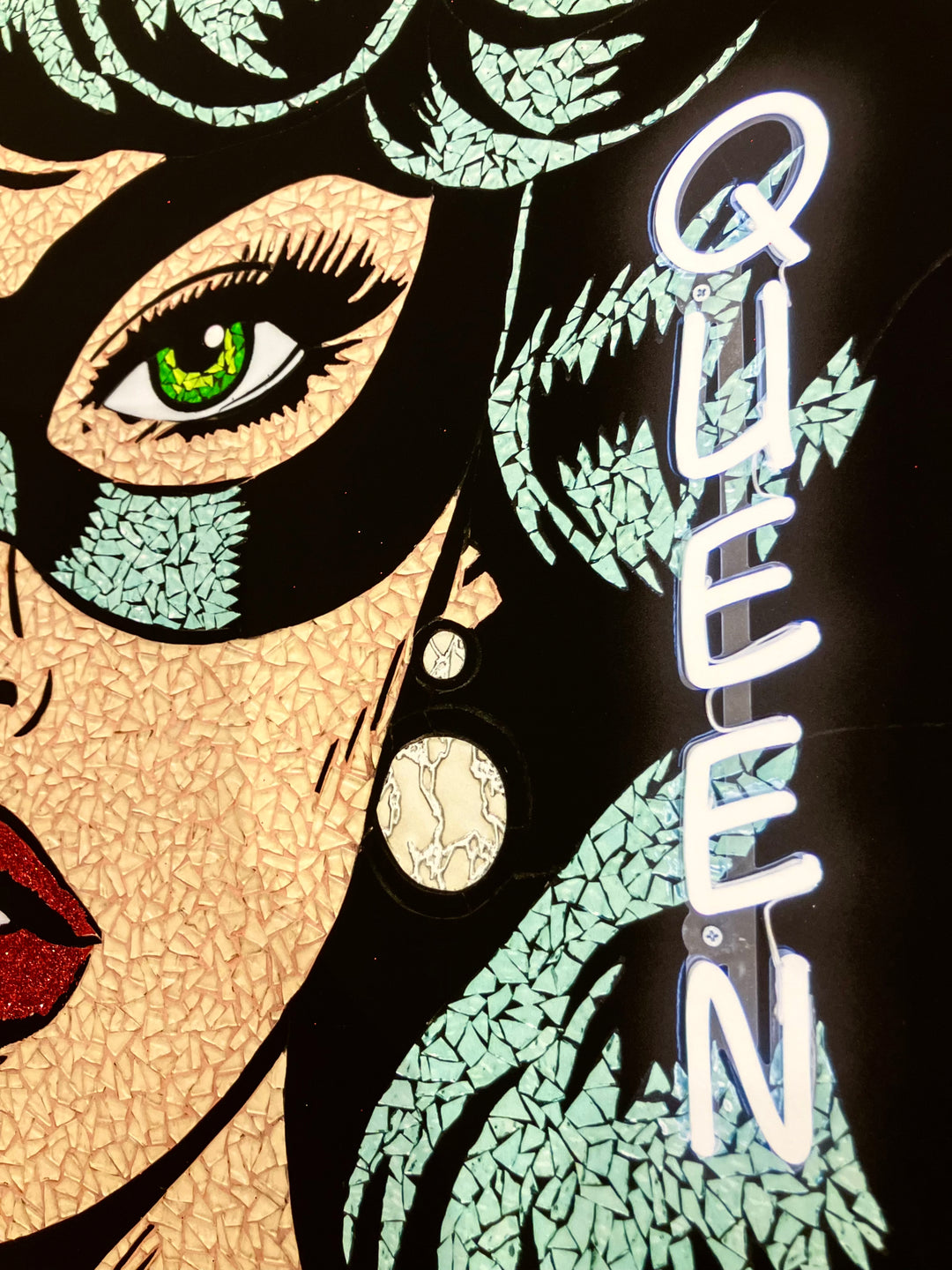 up close female portrait figurative stained glass mosaic hand embellished print woman with black and green hair wearing mask and glitter red lips neon sign queen in white