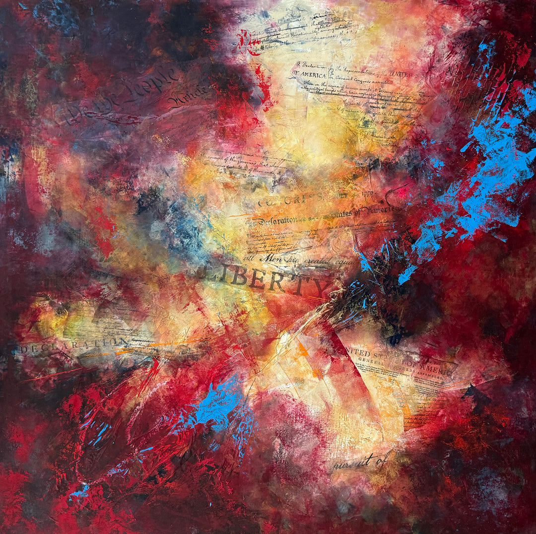 Redlined by Kym Balthazar — abstract oil, cold wax and collage on panel, 36x36 inches, featuring swirling red, gold and blue tones with layered historical document textures