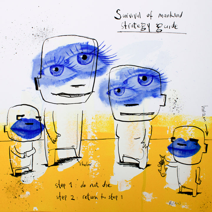 four doodled sketchy characters standing next to each other, two with large blue realistic eyes and two with large blue realistic lips, with handwritten text and splattered ink on orange and white background