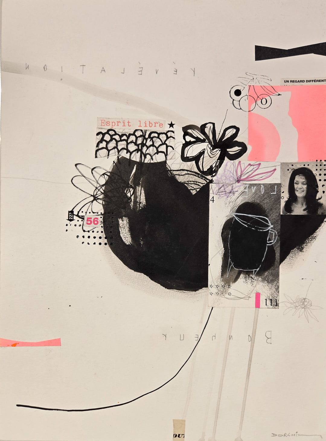 Abstract mixed media artwork on paper by Laurent Dorchin in brown, pink, and white. Organic linework and minimal illustrations of flowers with collage and text elements.