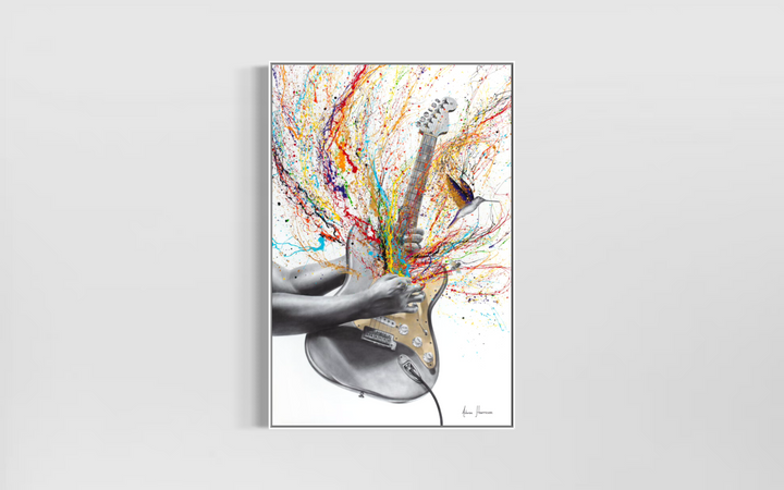 music guitar expressionist splatter painting realism instrument in black and white with bird multicolored on white background