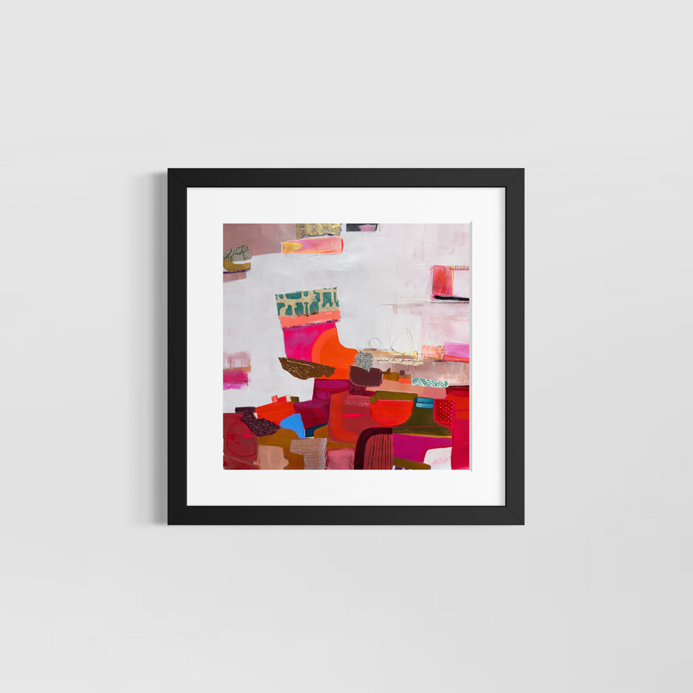 Lau Blou, Route d’Orient, acrylic paint, fabric, and gold leaf on canvas, 14 x 14 inches, shown in a white 17 x 17 inch mat and black frame on a light grey wall. Abstract painting of red, pink, and orange stacked shapes on white.