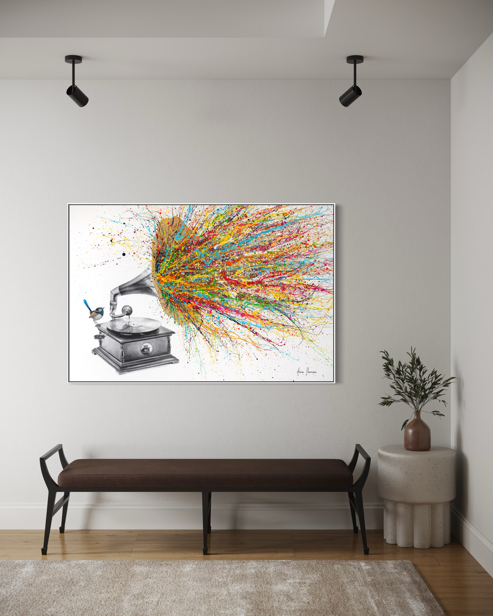 Gramophone with bird paint splatter out of speaker expressionism multicolor black and white realism on white background