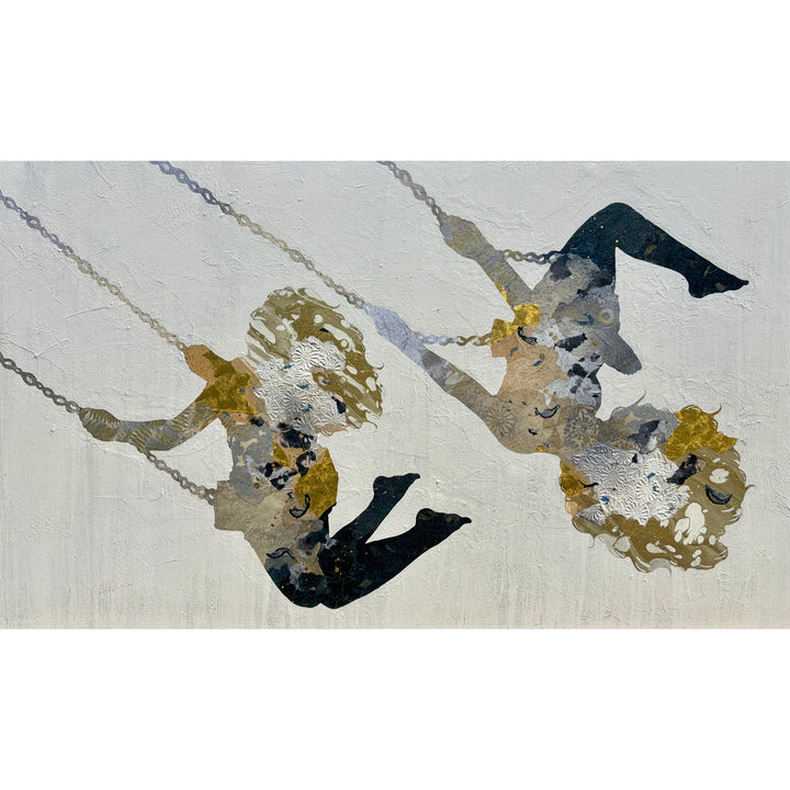 Swinging Silhouettes II by Christopher Peter. Mixed media painting showing two female silhouettes on chain-link swings, their bodies composed of layered gold leaf, embossed white paper, charcoal black, and taupe collage textures on a soft white textured ground.