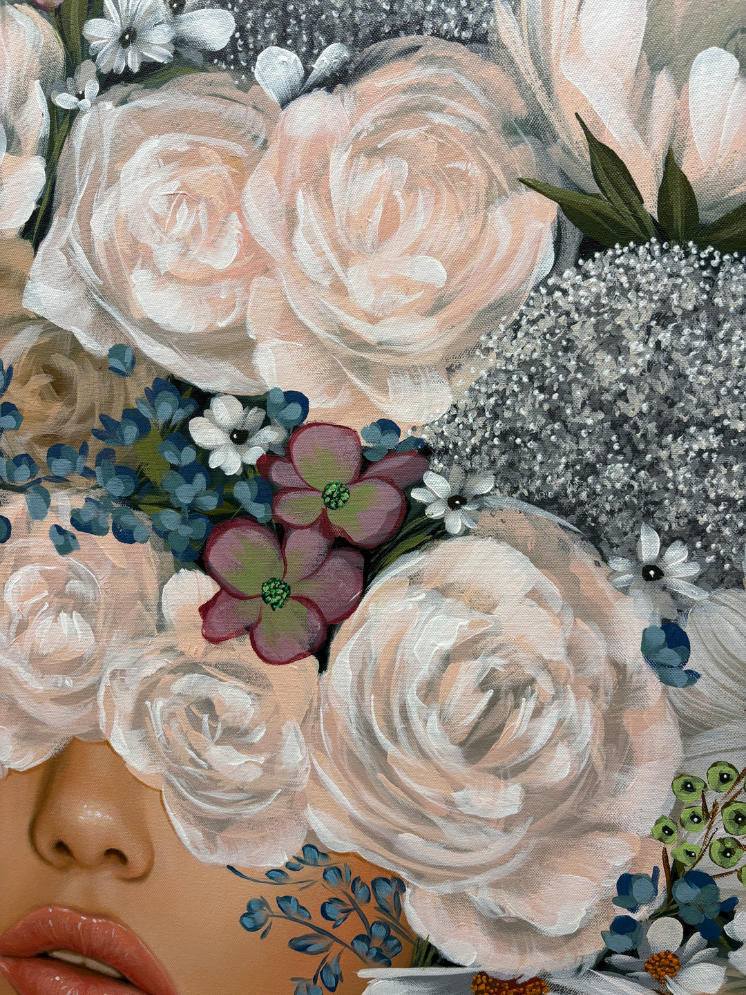 realism female portrait floral flowers leaves surrounding composition in acrylic on canvas in muted beige tones light pink whites