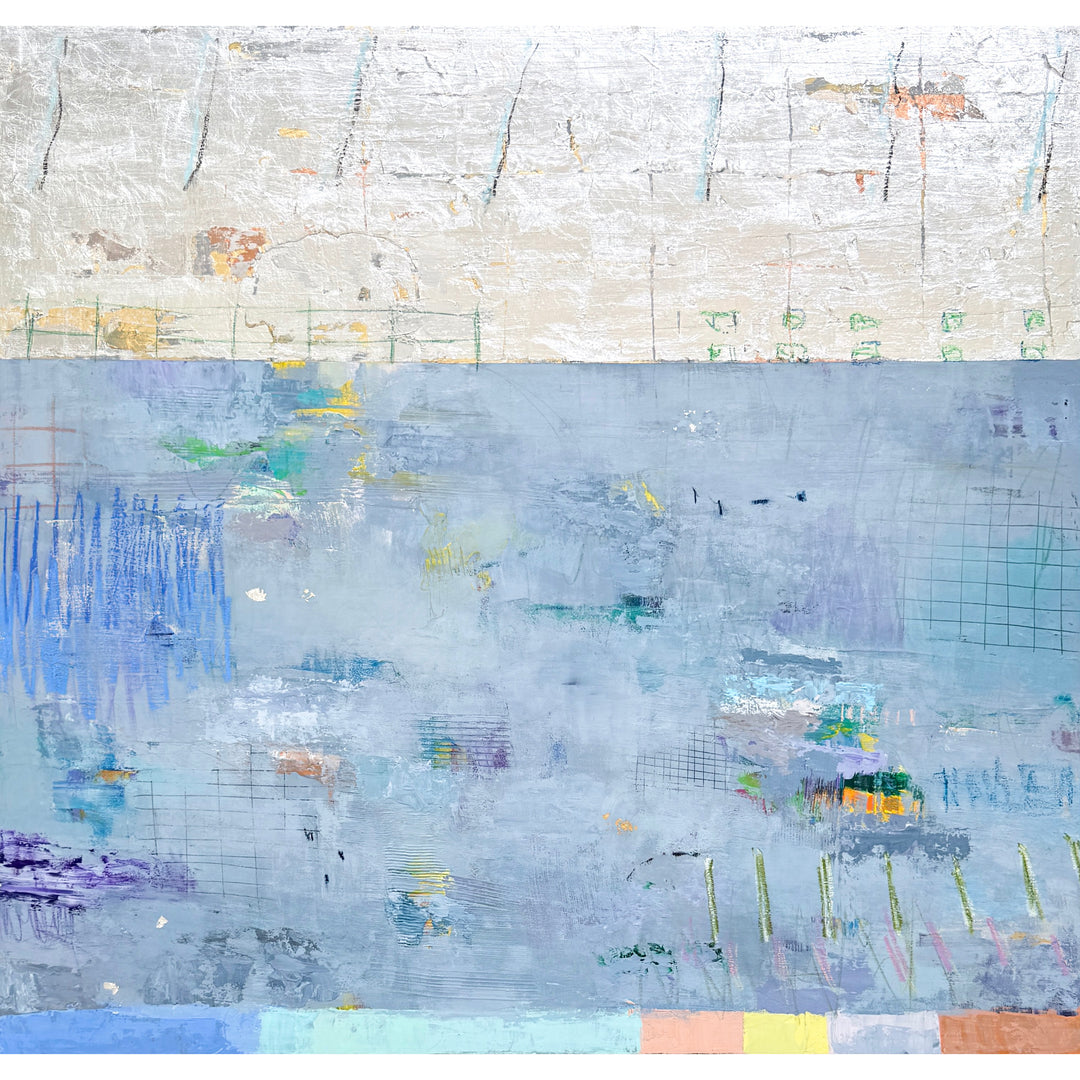 abstract blue, silver and gold mixed media 42X40 canvas with expressive colorful marks throughout