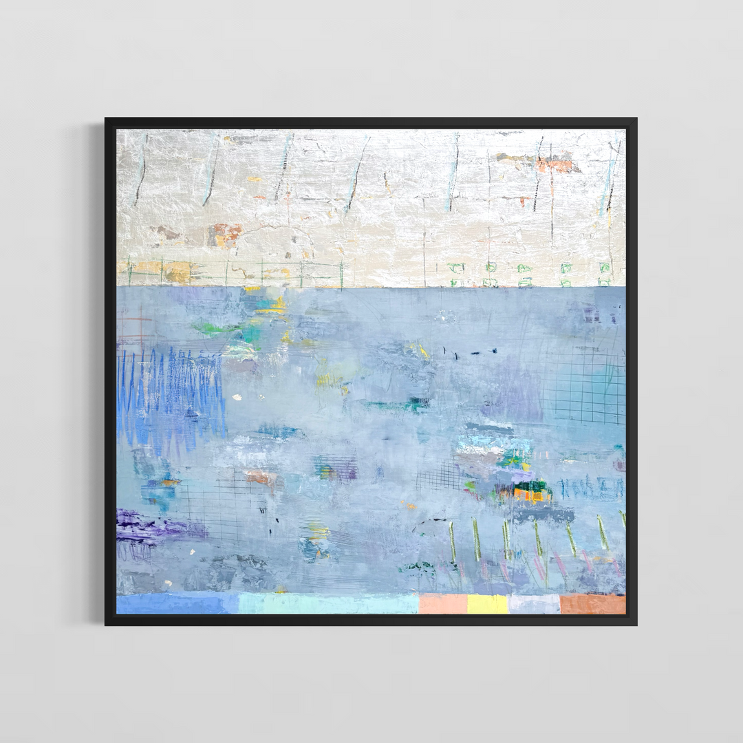 abstract blue, silver and gold mixed media 42X40 canvas with expressive colorful marks throughout framed in black on a grey wall