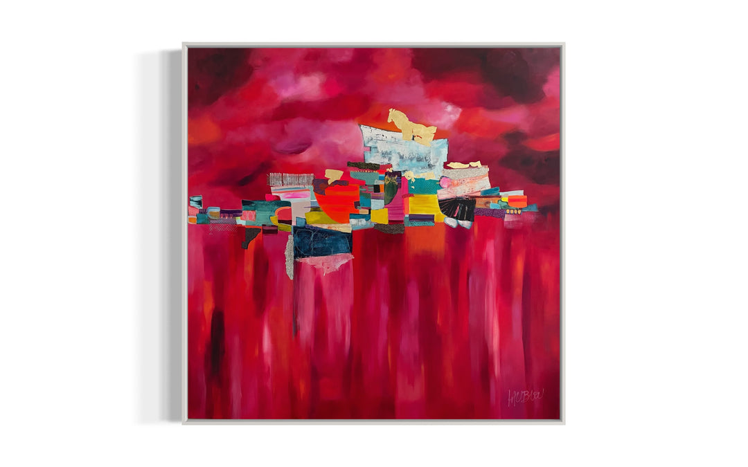 48" x 48" acrylic and gold lead painting by Lau Blou. Collaged pieces of fabric, paper, gold leaf handcut torn edges cin blue, red, pink, green, and yellow on pink streaky background