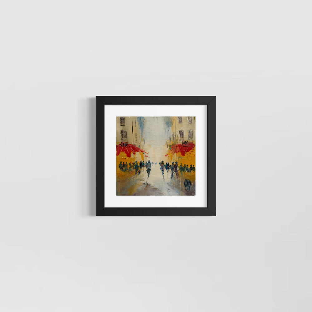 Christian Raffin, Sous Le Soleil, oil on canvas, 10 x 10 inches, shown in a black frame with a white mat hanging on a light grey wall.