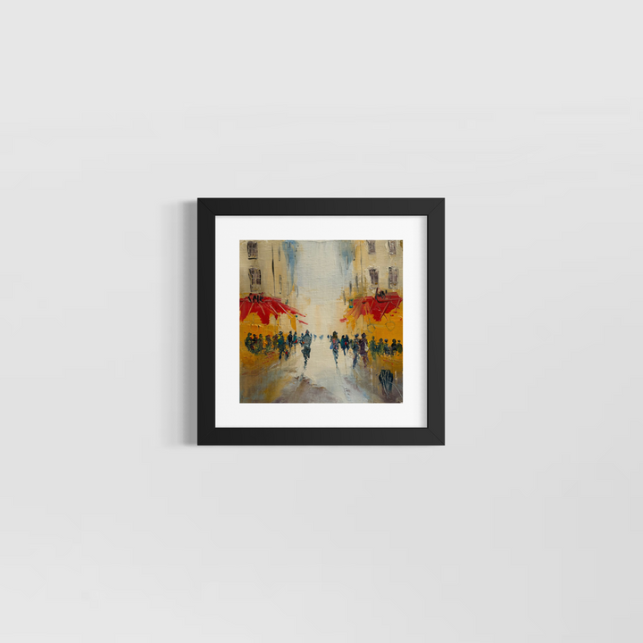 Christian Raffin, Sous Le Soleil, oil on canvas, 10 x 10 inches, shown in a black frame with a white mat hanging on a light grey wall.