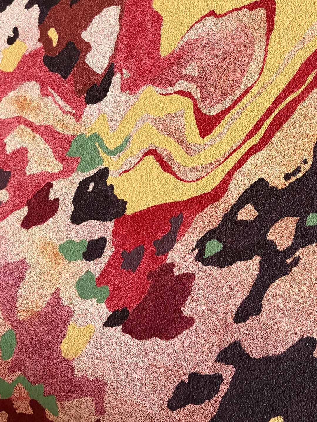 Abstract organic pumice painting in oil paint by local female artist natural shapes textures abstracted negative space line weight gradient of color reds browns yellows  on canvas
