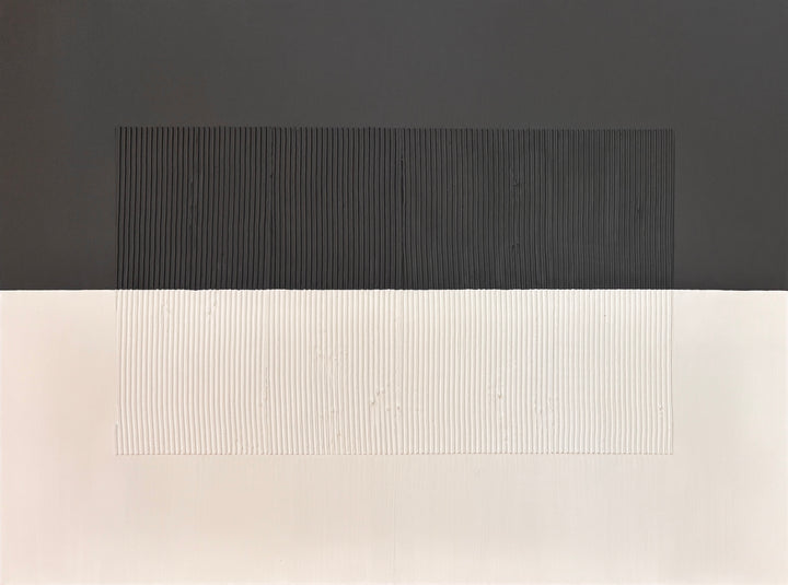 Lee in Cerulean, Split Duo Plain, joint compound and acrylic paint on canvas, 48 x 36 inches each (48 x 72 inches together). Detail of the top panel: a charcoal grey upper half and cream lower half with a centered rectangle of fine vertical ridges.