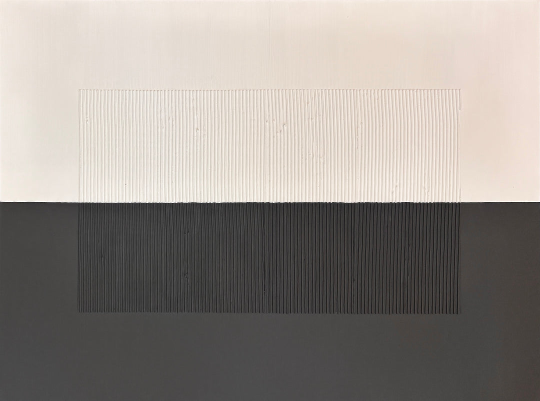 Lee in Cerulean, Split Duo Plain, joint compound and acrylic paint on canvas, 48 x 36 inches each (48 x 72 inches together). Detail of the bottom panel: a cream upper half and charcoal grey lower half with a centered rectangle of fine vertical ridges.