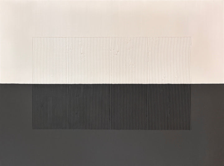 Lee in Cerulean, Split Duo Plain, joint compound and acrylic paint on canvas, 48 x 36 inches each (48 x 72 inches together). Detail of the bottom panel: a cream upper half and charcoal grey lower half with a centered rectangle of fine vertical ridges.