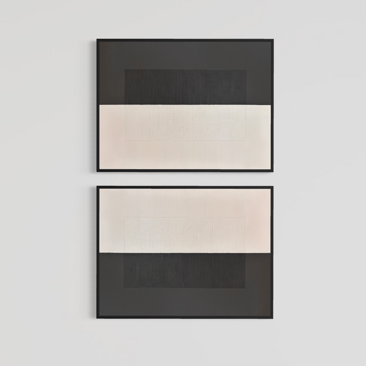 Lee in Cerulean, Split Duo Plain, joint compound and acrylic paint on canvas, 48 x 36 inches each (48 x 72 inches together). Two charcoal and cream textured panels, each in a thin black frame, stacked on a light grey wall.