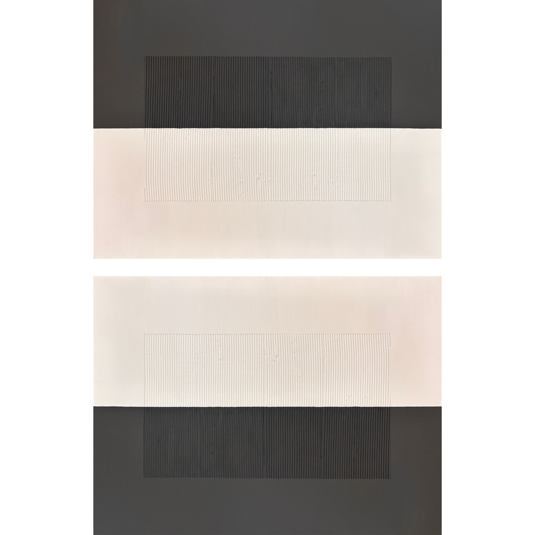 Lee in Cerulean, Split Duo Plain, joint compound and acrylic paint on canvas, 48 x 36 inches each (48 x 72 inches together). Two horizontal textured panels stacked vertically: the top panel is charcoal grey above and cream below, the bottom panel is cream above and charcoal grey below, and each has a centered rectangle of fine vertical ridges.