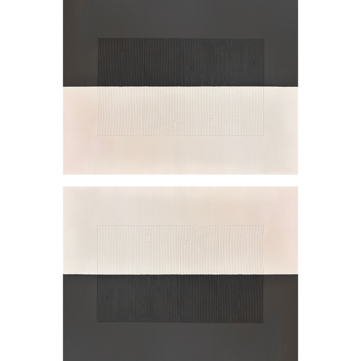 Lee in Cerulean, Split Duo Plain, joint compound and acrylic paint on canvas, 48 x 36 inches each (48 x 72 inches together). Two horizontal textured panels stacked vertically: the top panel is charcoal grey above and cream below, the bottom panel is cream above and charcoal grey below, and each has a centered rectangle of fine vertical ridges.