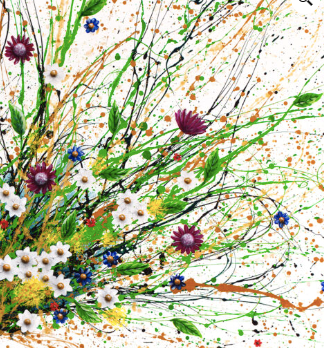 spring floral bouquet splatter paint expressionism coming out of champagne bottle with bee green and purple with realism black and white figure on white background
