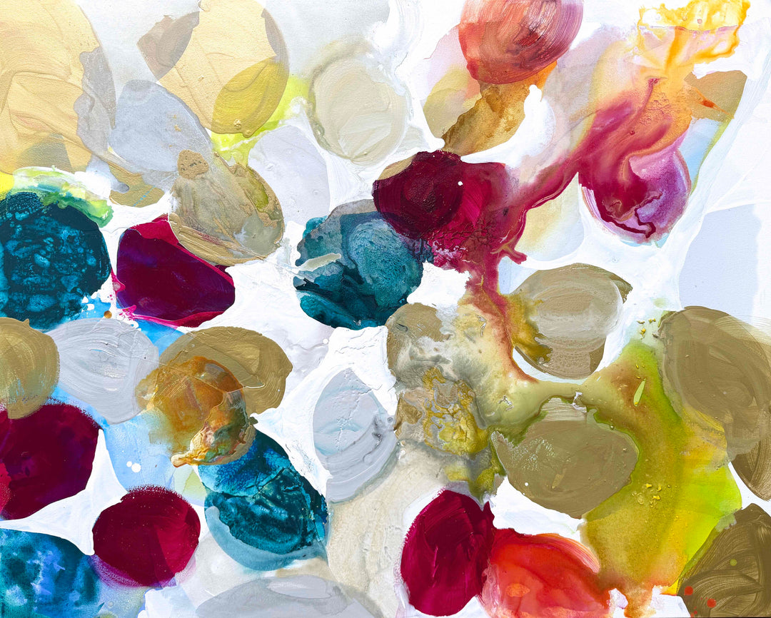 Liz Barber, Spring Dream, acrylic paint, ink, and watercolor on canvas, 60 x 48 inches. Abstract composition of rounded shapes in gold, taupe, deep crimson, teal, pale blue, and white with red-orange and chartreuse ink washes on a white background.