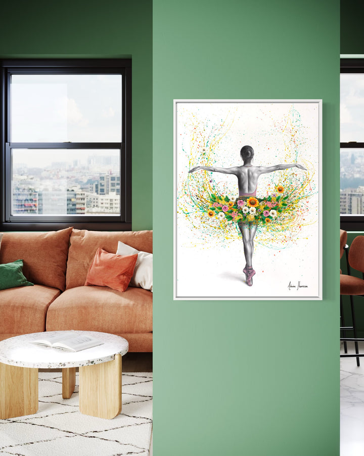 ballerina woman dancer back facing with tutu of flowers yellow pink and white with green flowers and yellow splattered paint on white background