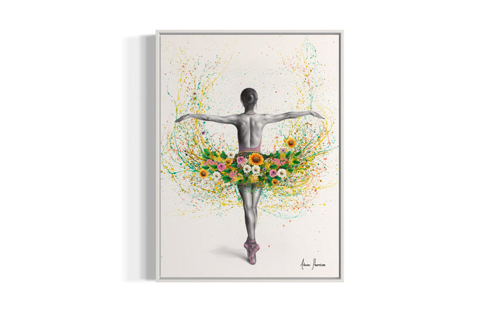 ballerina in black and white against white background with paint splatter tut in green with pink white and yellow flowers 