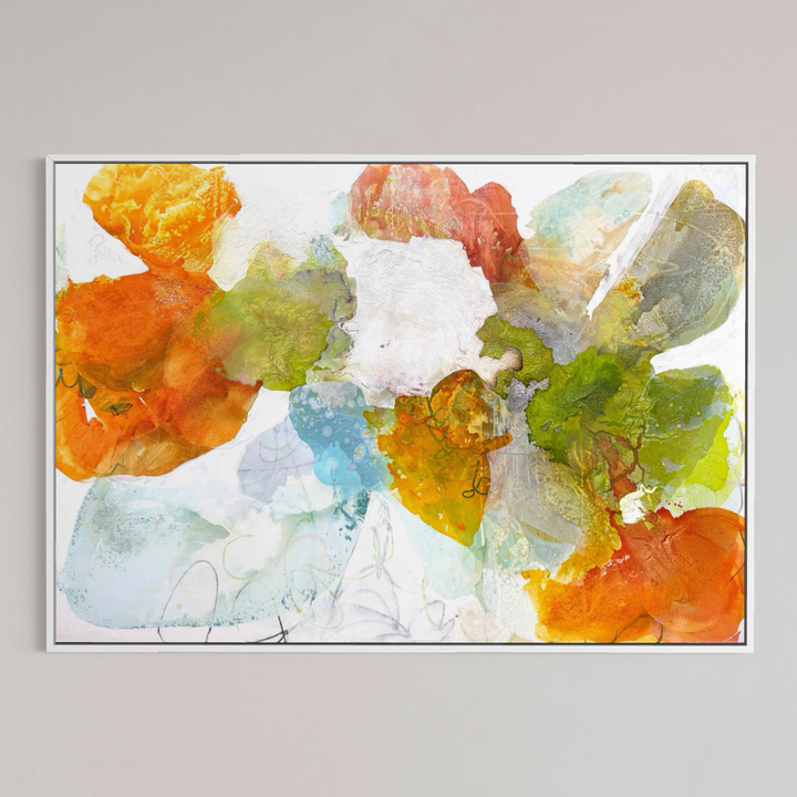 Liz Barber, Spring Promise, acrylic paint, ink, watercolor, graphite, and pastel on canvas, 72 x 50 inches. Horizontal abstract composition of overlapping rounded shapes in orange, coral, lime green, olive, sky blue, pale aqua, and white with fine graphite lines on a white background, shown in a thin white frame on a light gray wall.