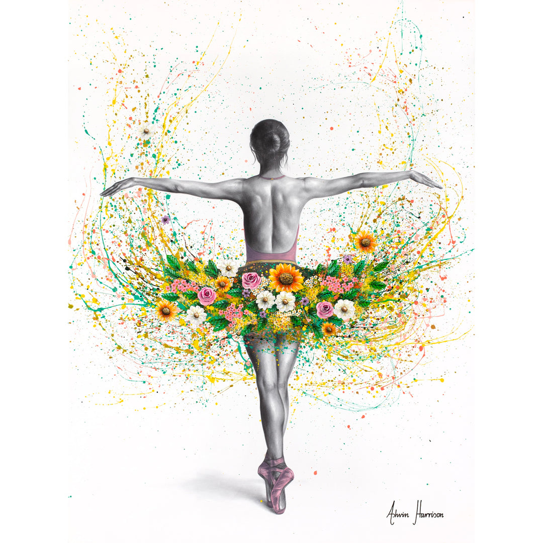 ballerina in black and white against white background with paint splatter tut in green with pink white and yellow flowers 