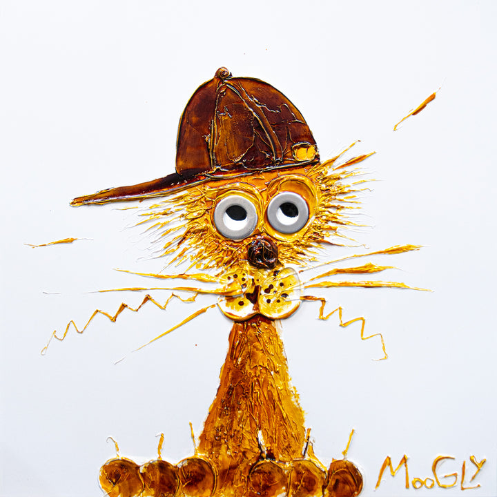 Acrylic 17" x 17" matted Strategist artwork by Moogly. Funky orange cat wearing a brown baseball cap, with animated washer eyes.