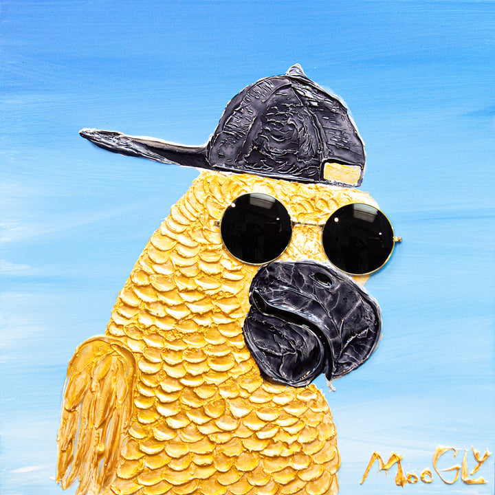 Acrylic 17" x 17" matted Success Story artwork by Moogly. Gold resin animate parrot wearing a backwards baseball cap and real sunglasses.
