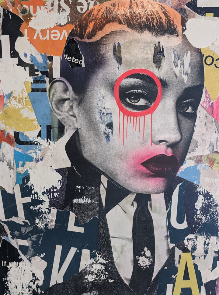 30"W x 40"H Acrylic paint, spray paint, wheat-paste, vintage advertisements &amp; printed fragments on canvas. A woman&