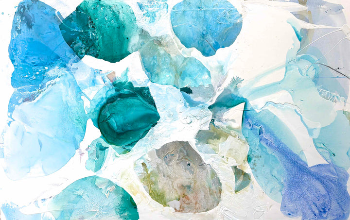 Liz Barber, Summer Garden 10, acrylic paint, ink, watercolor, and graphite on canvas, 72 x 48 inches. Horizontal abstract composition of overlapping translucent shapes in turquoise, teal, sky blue, and periwinkle with a sage and beige shape near the center, on a white background.