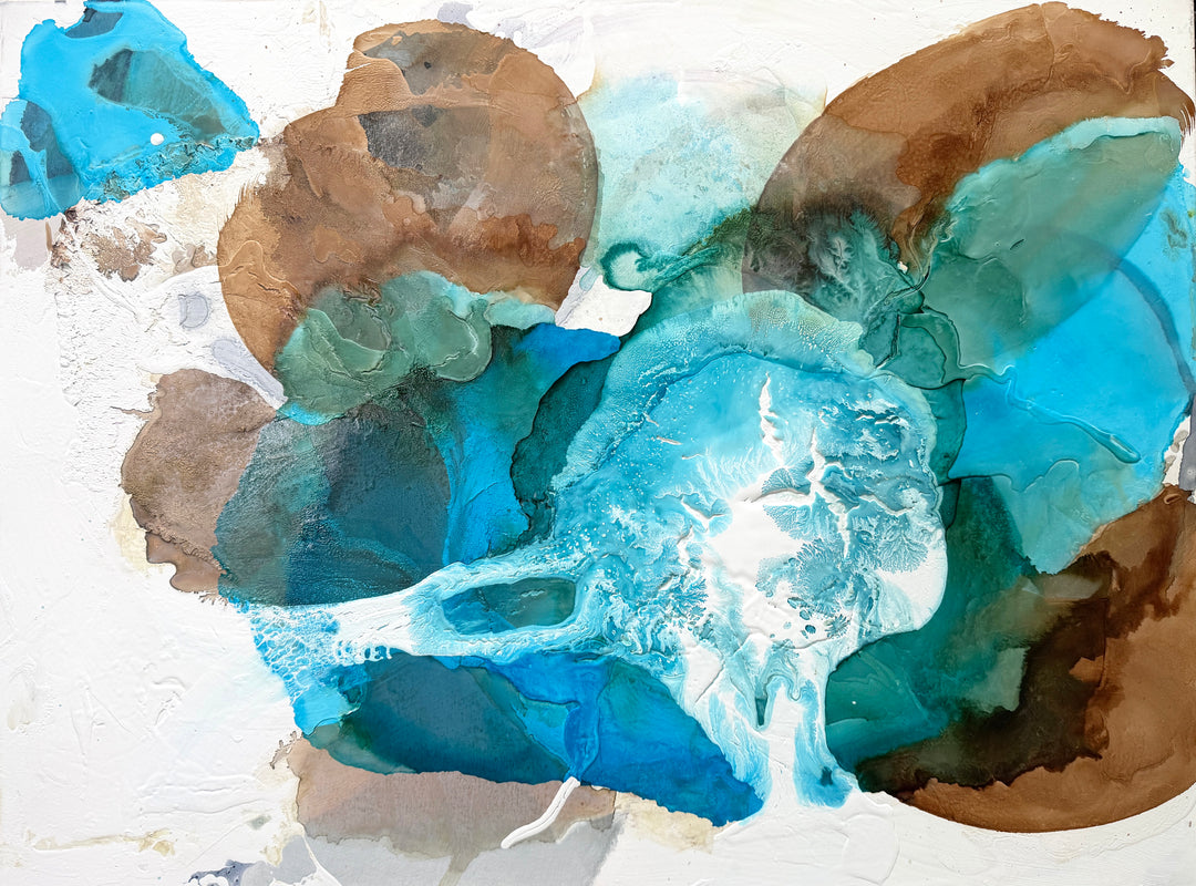 "Surf" mixed-media painting on canvas by Liz Barber, full view of the abstract teal, blue, and brown composition in a white frame against a gallery wall