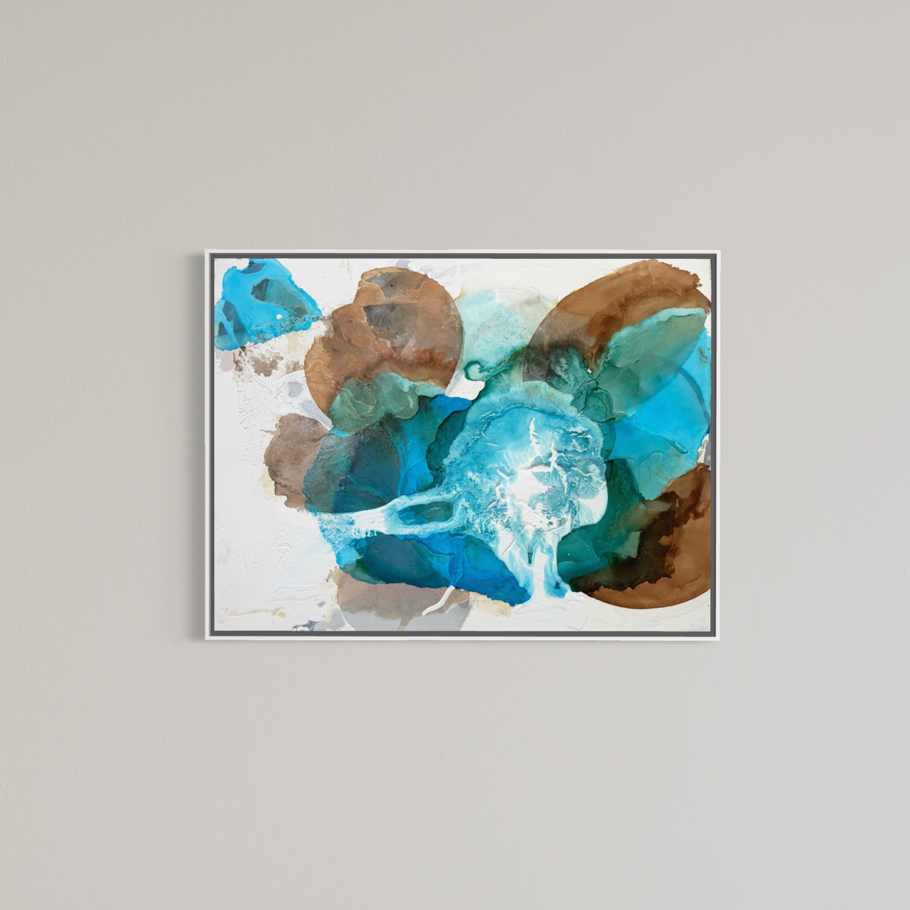 Mockup of "Surf" by Liz Barber shown in a thin frame against a neutral gray wall