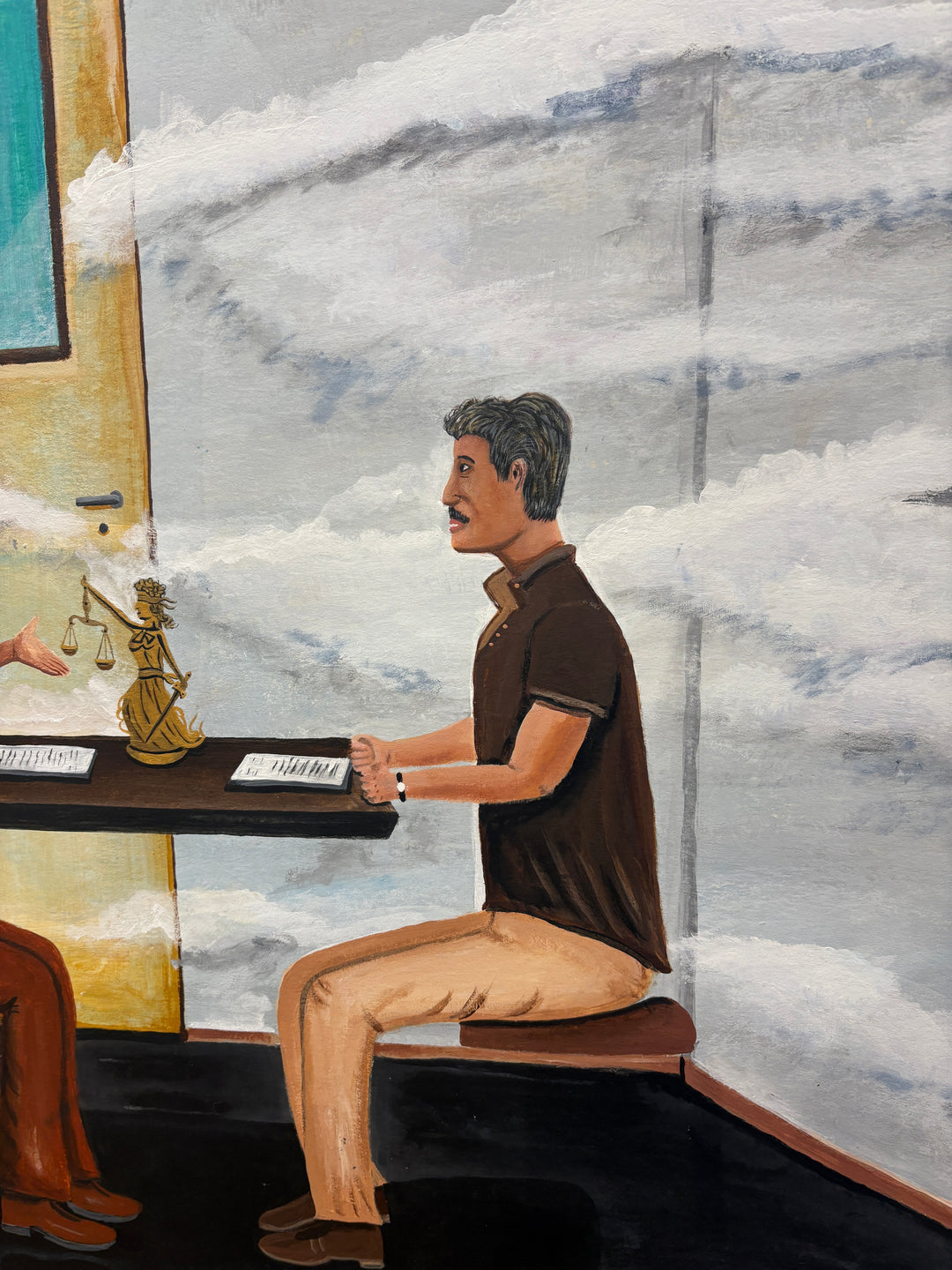 two figures men prisoner judicial lawyers moon day painting in acrylic time waiting surrealism
