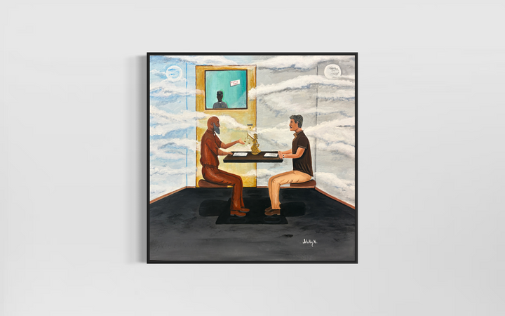 two figures men prisoner judicial lawyers moon day painting in acrylic time waiting surrealism