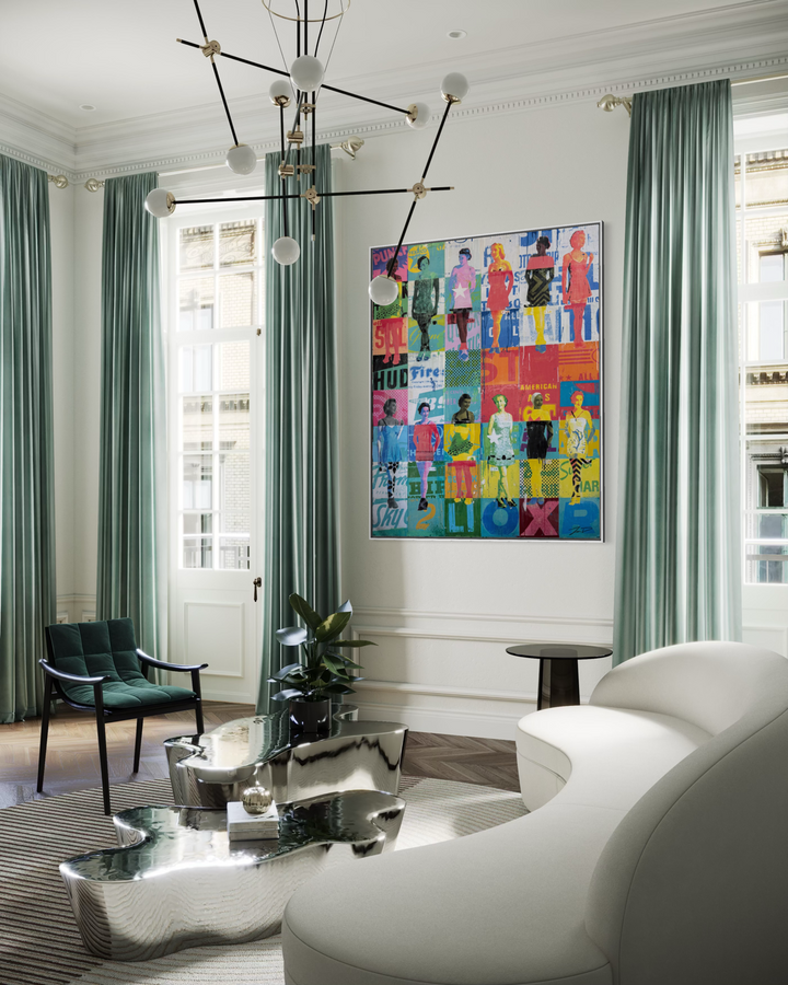 Swimsuits and Heels by Jon Davenport — in-situ installation view of Neo-Pop mixed media painting displayed on a wall in an elegant living room with tall curtained windows
