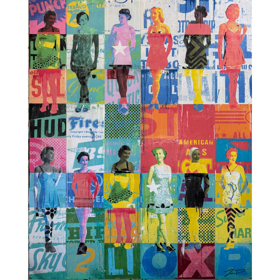 Swimsuits and Heels by Jon Davenport — full view of Neo-Pop mixed media painting on canvas, 60"H x 48"W, featuring a colorful grid of silhouetted women in dresses and heels over vintage advertising collage