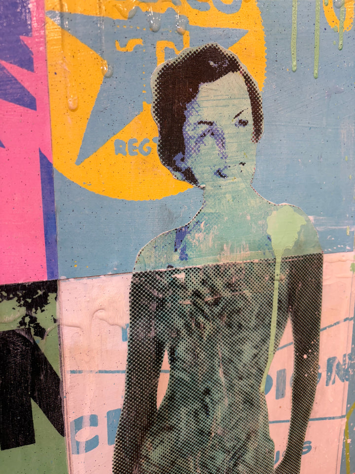 Swimsuits and Heels by Jon Davenport — angled detail of Neo-Pop mixed media painting showing a silhouetted figure with paint drips over a star and vintage advertising collage