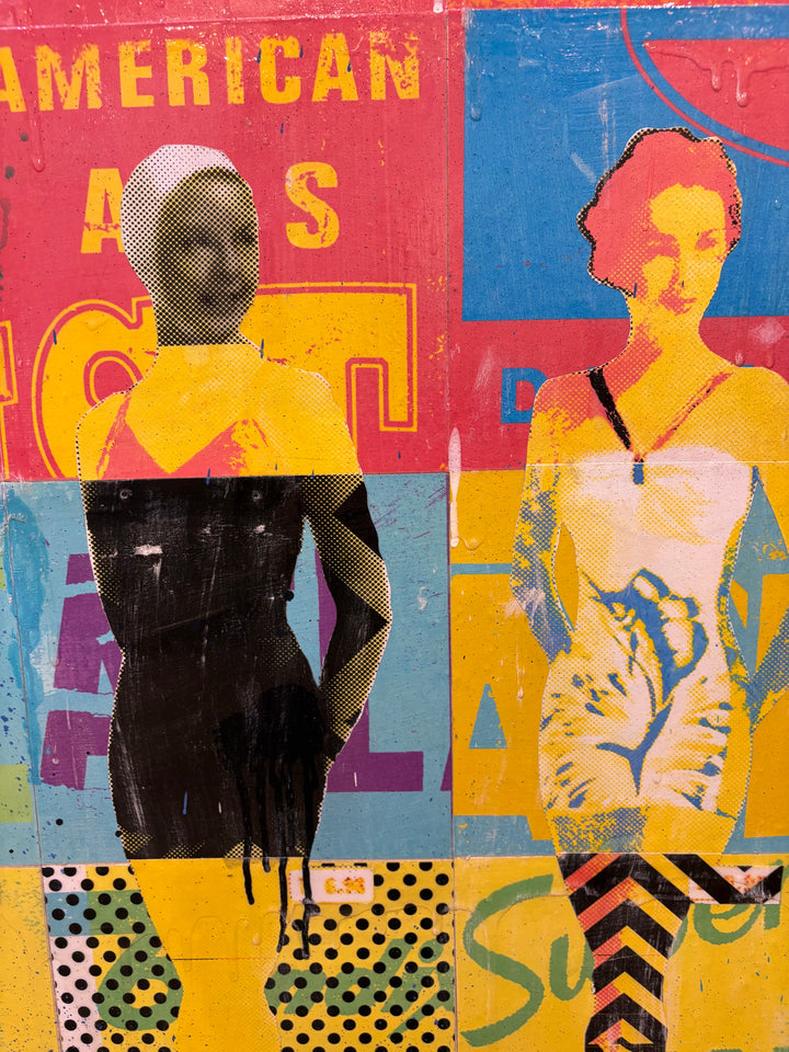 Swimsuits and Heels by Jon Davenport — angled detail of Neo-Pop mixed media painting showing two silhouetted figures over "American" collage typography in red, blue and yellow