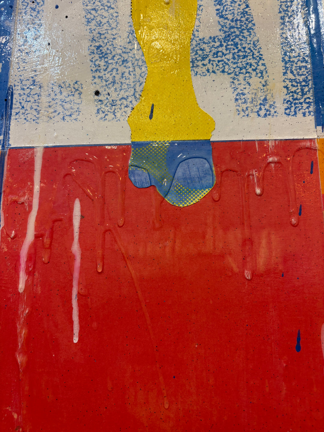 Swimsuits and Heels by Jon Davenport — angled detail of Neo-Pop mixed media painting showing a yellow silhouetted leg with red paint drips over a checkered blue background