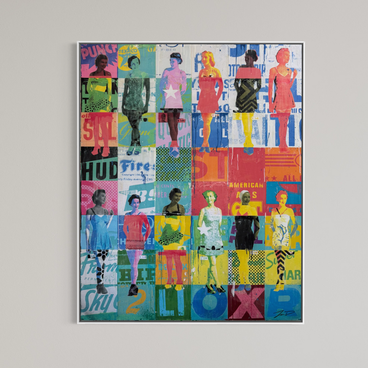 Swimsuits and Heels by Jon Davenport — framed Neo-Pop mixed media painting displayed against a neutral wall, showing the artwork in a white frame