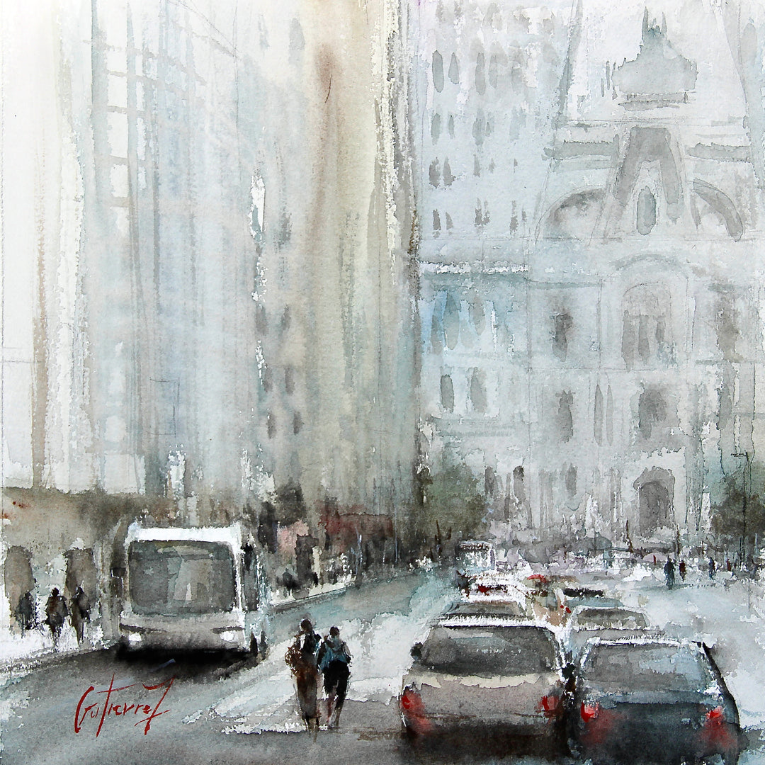 watercolor of people and cars going down broad street philadelphia with city hall building in background and skyscrapers septa bus in light washy blues