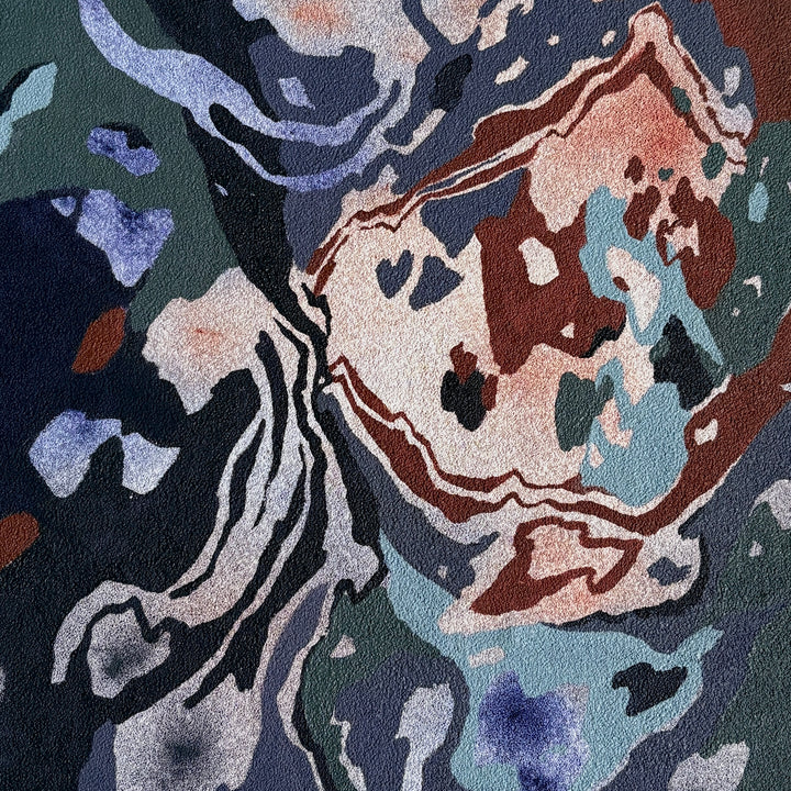 Organic pumice primed canvas painting in oil natural shapes textures abstracted negative space line weight gradient of color blues greens and browns 