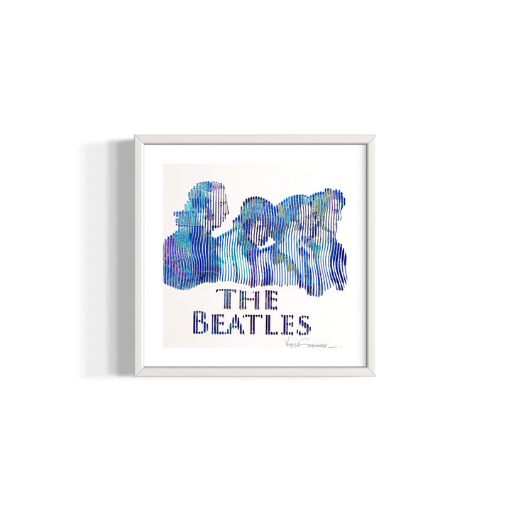 The beatles band music figurative portraiture in blue and green vertical lines on white background
