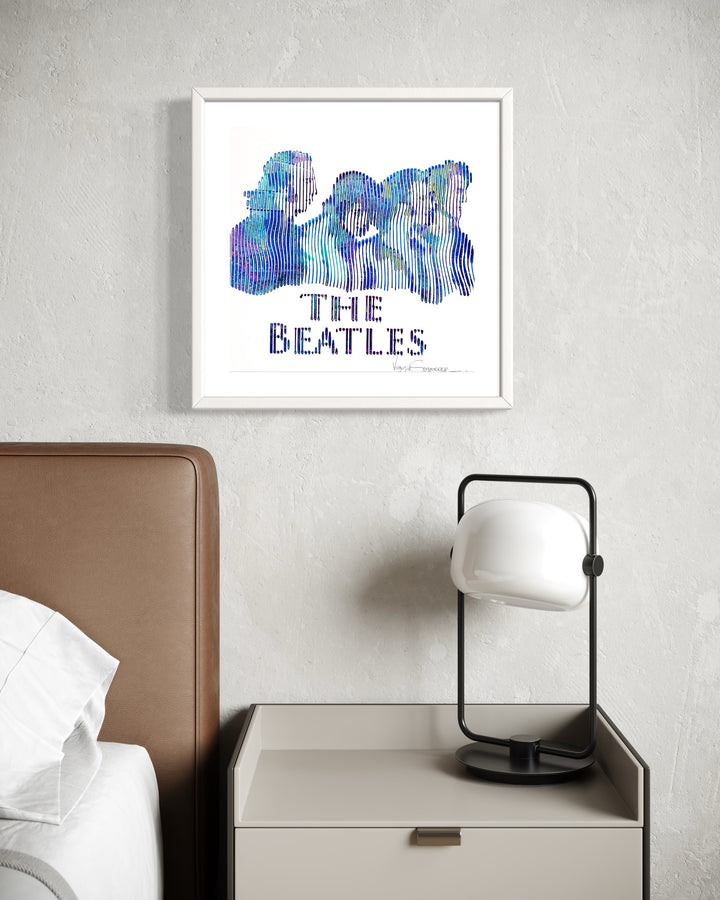 The beatles band music figurative portraiture in blue and green vertical lines on white background